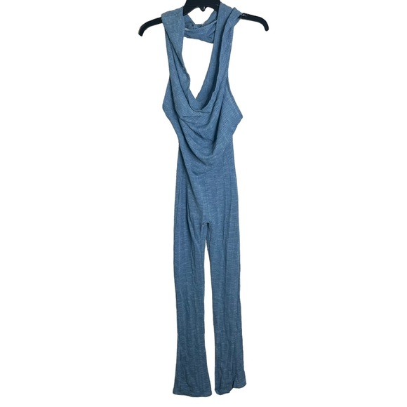 Blue Knit Cowl Neck Hoodie Style Sheer Jumpsuit - Picture 5 of 11